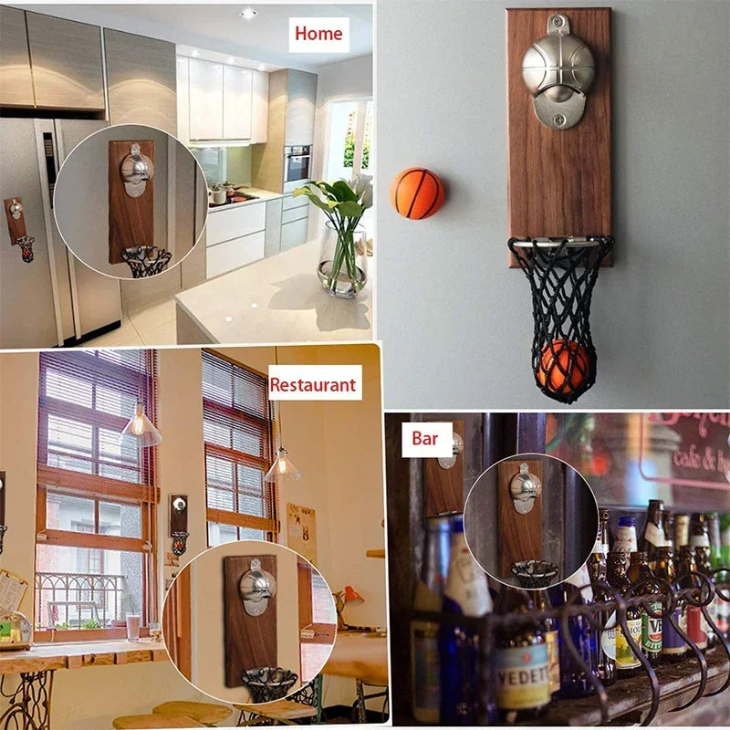 Wandflaschenöffner Basketball-Design mit Kronkorken-Auffangnetz