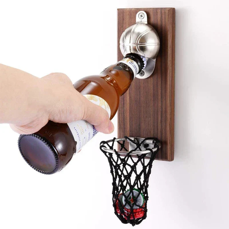 Wandflaschenöffner Basketball-Design mit Kronkorken-Auffangnetz