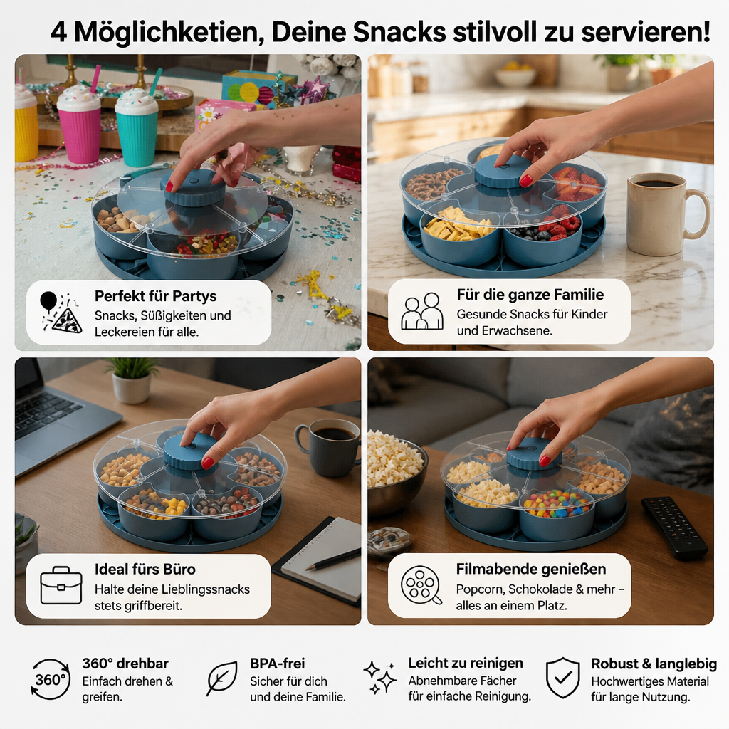 Drehbares Serviertablett mit Fächern – 360° Snack-Organizer für Partys
