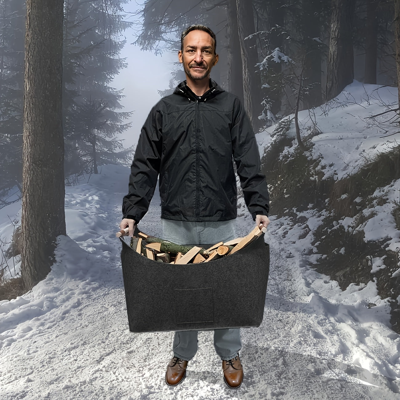 Faltbarer Kaminholzkorb aus Filz mit Holzgriffen – 55 Liter