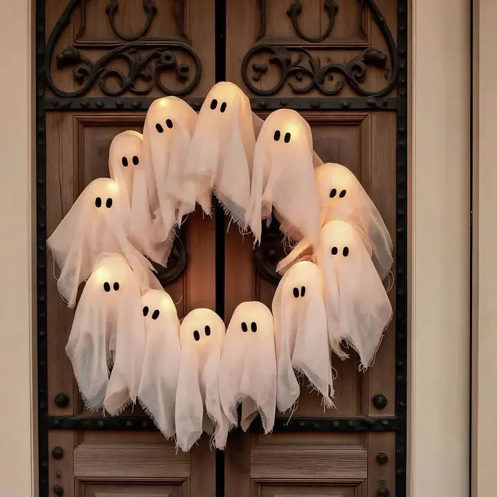 Halloween Kranz mit LED Beleuchtung – 12 leuchtende Geister, 31 cm