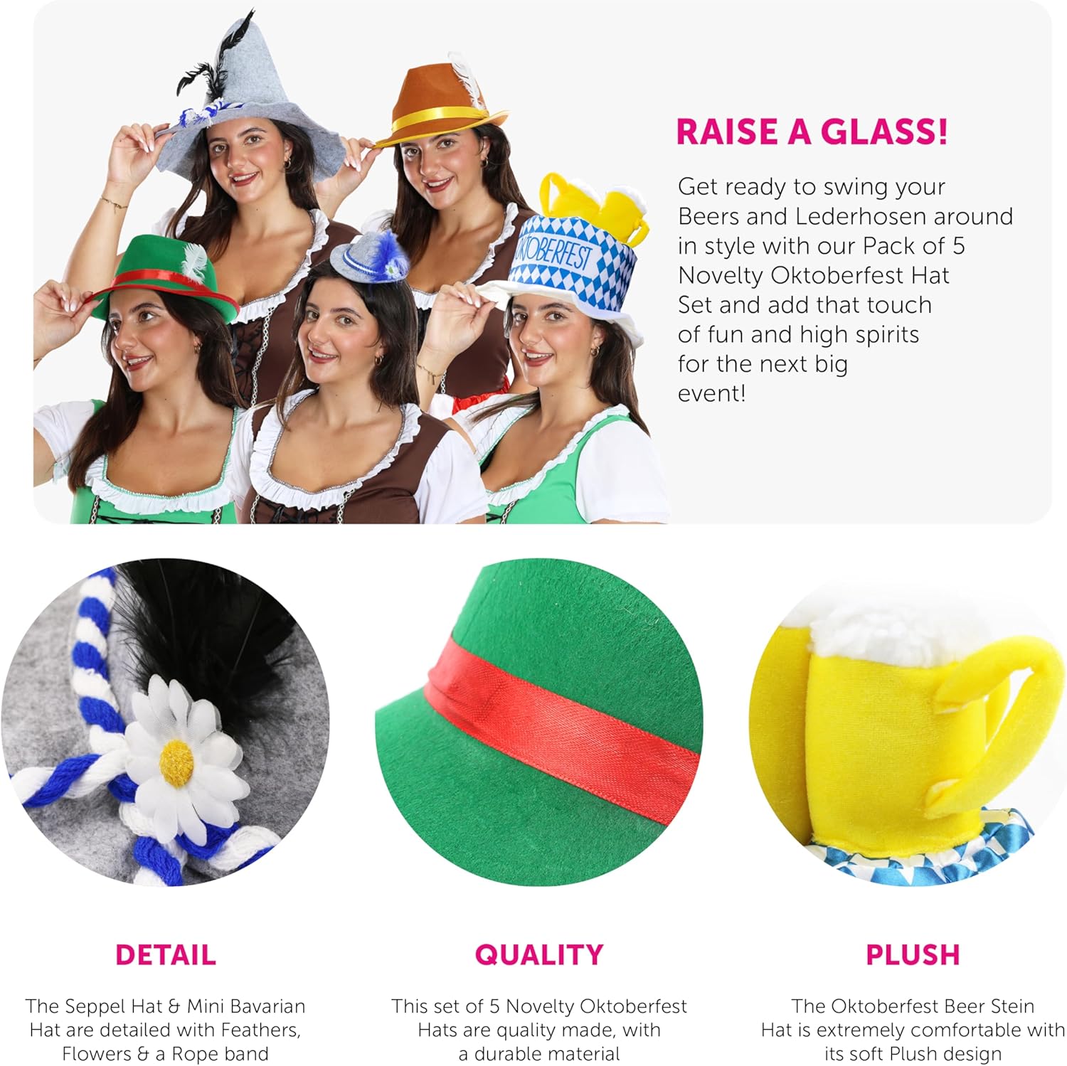 Hüte Set – 5 bunte Trachtenhüte für Erwachsene