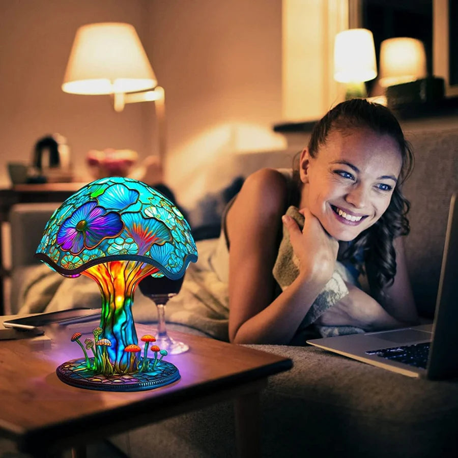 Pilz Tischlampe LED - Deko Lampe mit buntem Harz Design