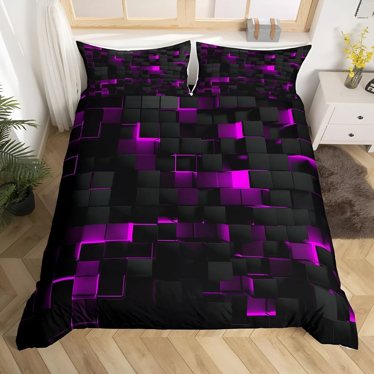 Bettwäsche-Set mit geometrischem 3D-Neon-Print – Mikrofaser