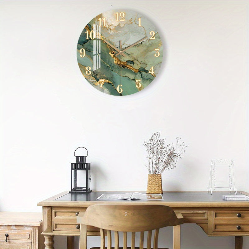 Runde Wanduhr aus Holz mit leisem Uhrwerk und Marmormotiv