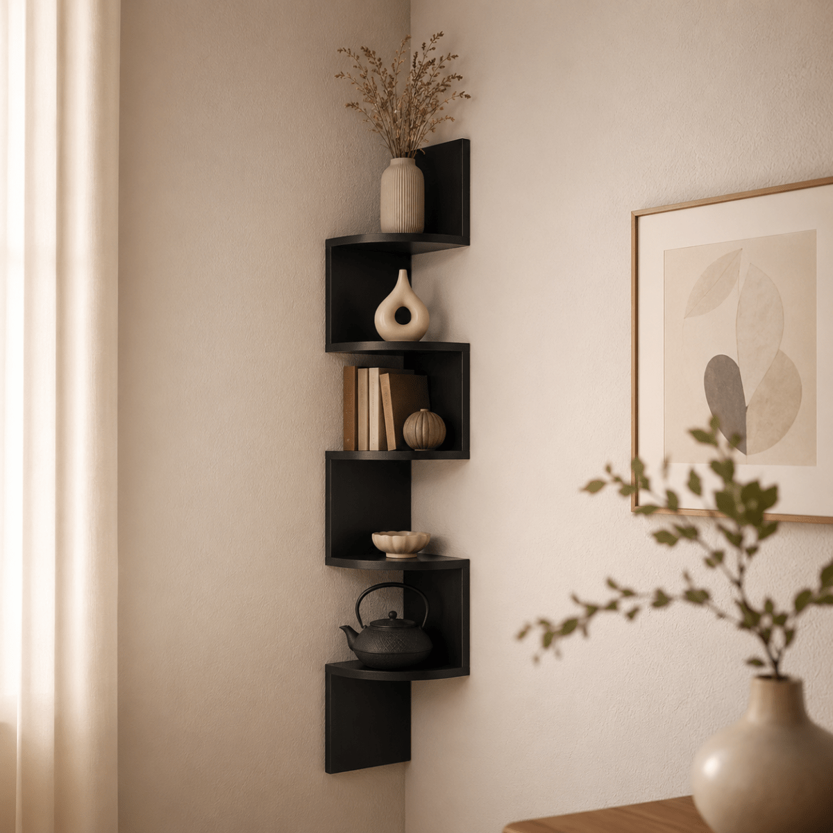 Eck-Wandregal mit mehreren Ebenen für Wohnzimmer und Büro