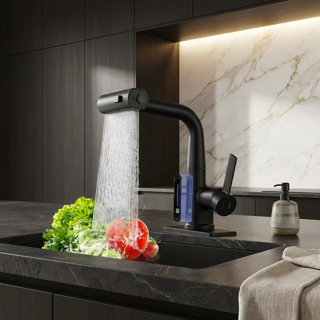 Wasserhahn Aufsatz mit LED Temperaturanzeige und 5 Sprühmodi