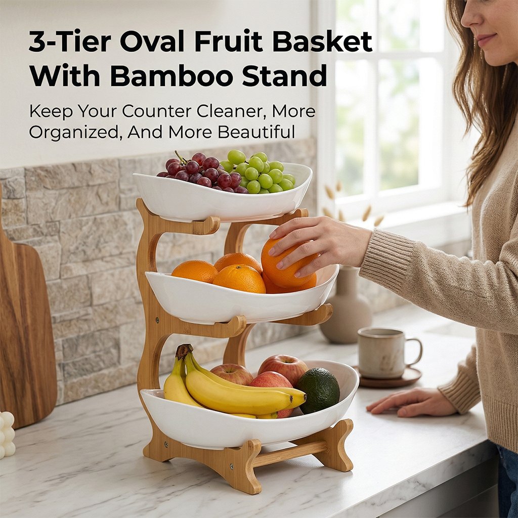 Obstschale 3 Etagen mit Bambusgestell – Platzsparender Obst Etagere