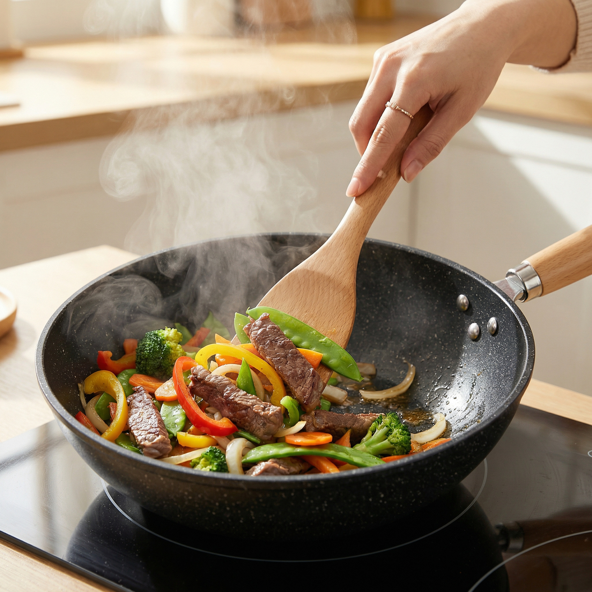 Keramik-Wok mit Glasdeckel und Holzgriff für alle Herdarten