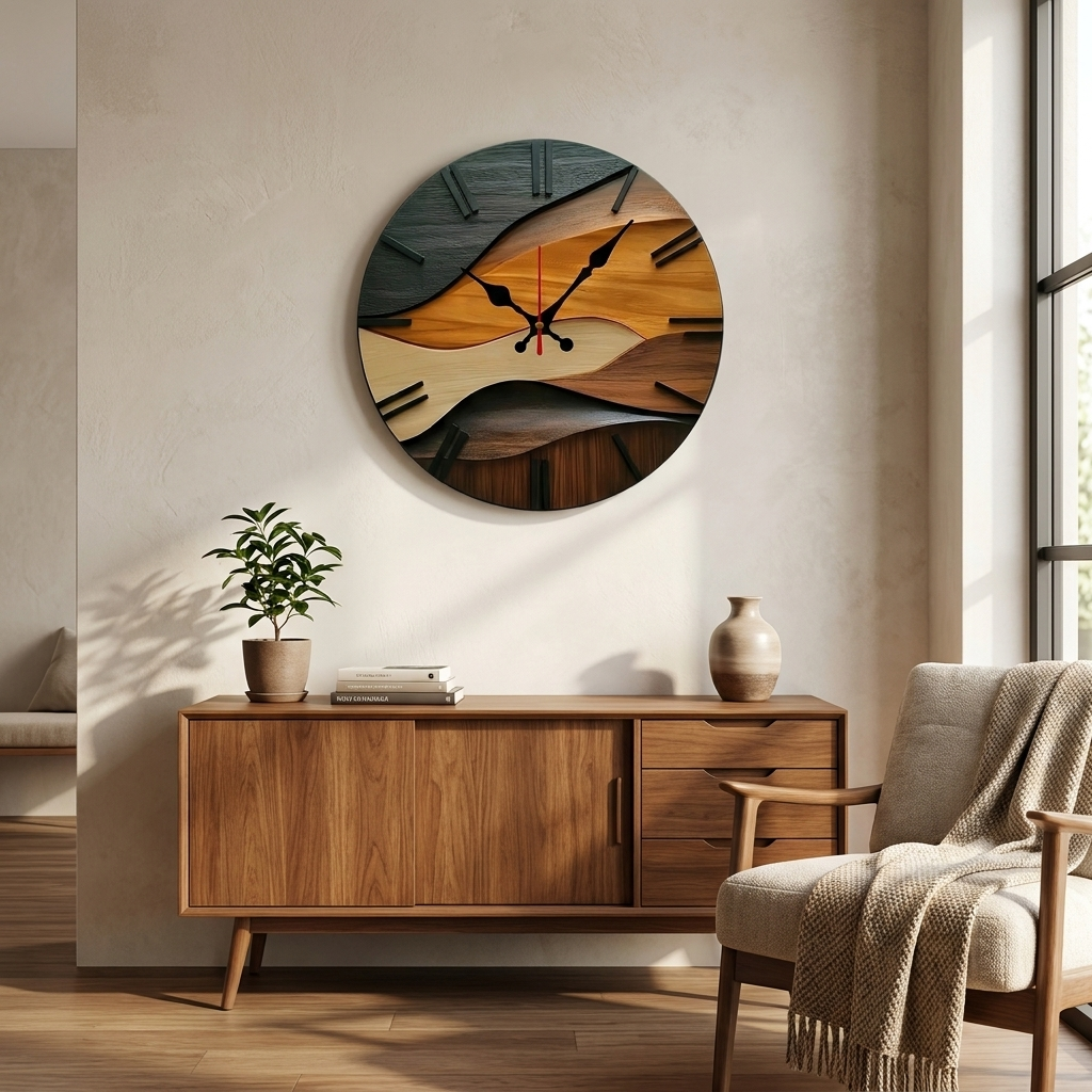 Runde Wanduhr mit lautlosem Uhrwerk und skandinavischem Design