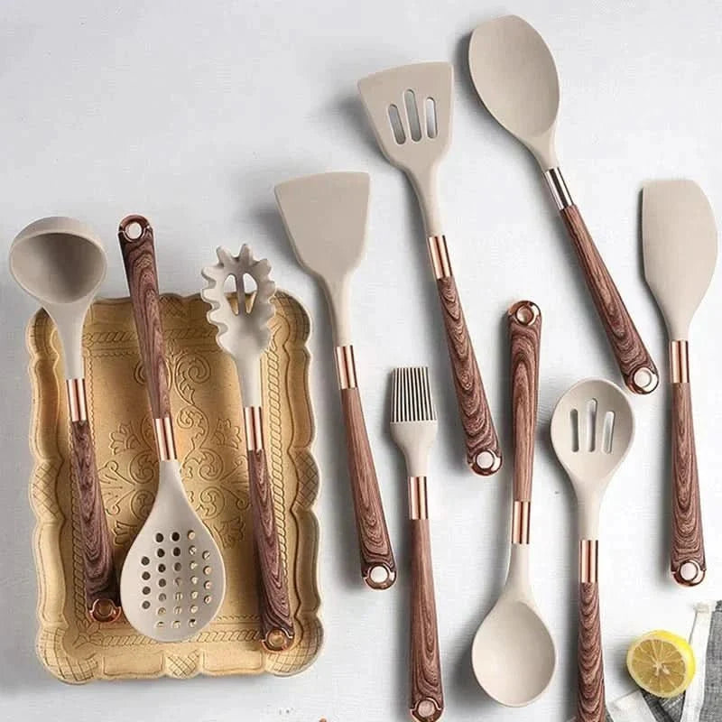 Silikon Küchenutensilien Set – 10-teilig mit Holzgriffen
