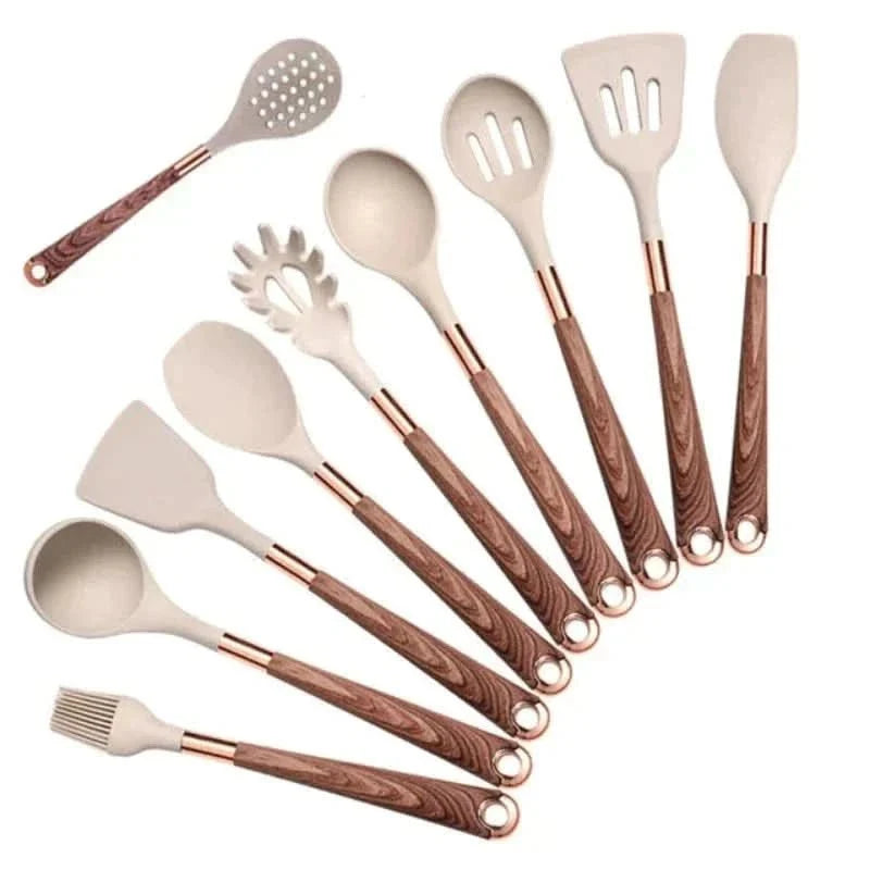 Silikon Küchenutensilien Set – 10-teilig mit Holzgriffen