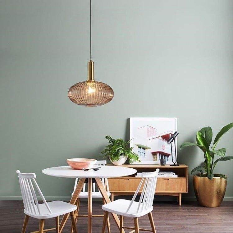 Pendelleuchte Riffelglas Vintage – Hängeleuchte mit Goldfassung E27