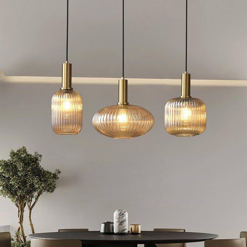 Pendelleuchte Riffelglas Vintage – Hängeleuchte mit Goldfassung E27