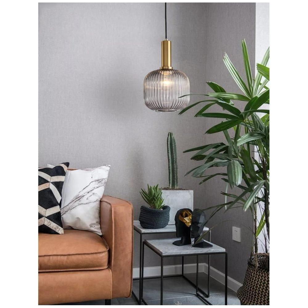 Pendelleuchte Riffelglas Vintage – Hängeleuchte mit Goldfassung E27