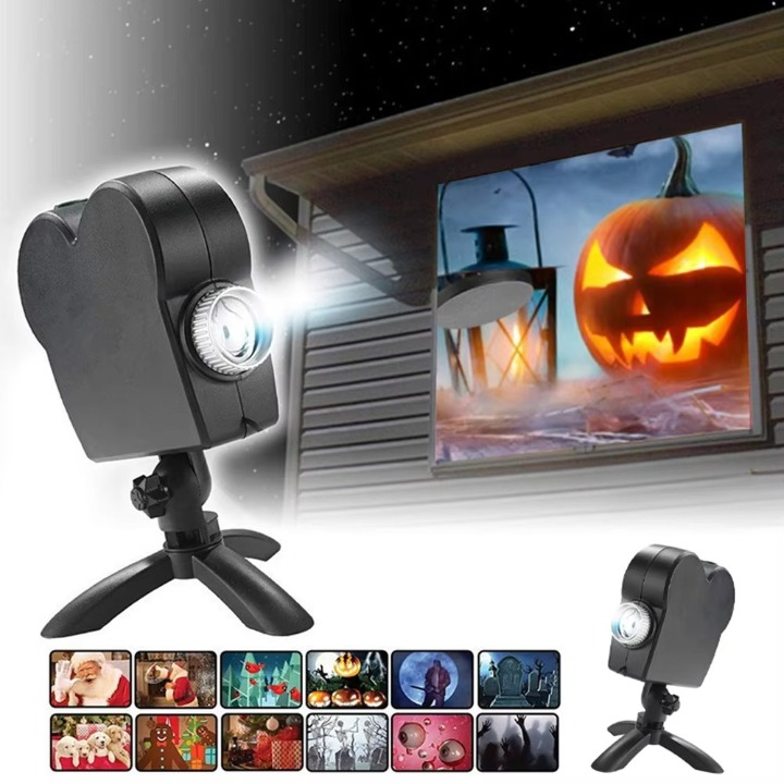 Halloween Projektor mit 12 Gruselvideos, Stativ und Leinwand
