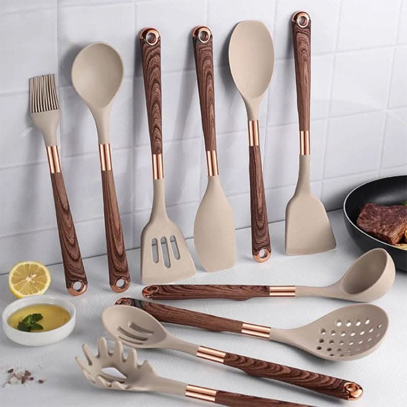 Silikon Küchenutensilien Set – 10-teilig mit Holzgriffen