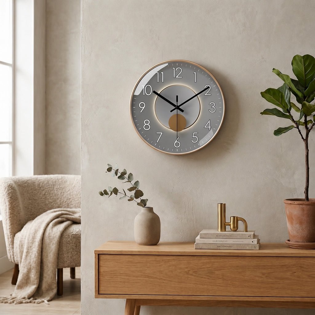 Runde Wanduhr mit dunklem Zifferblatt und 3D-Detail