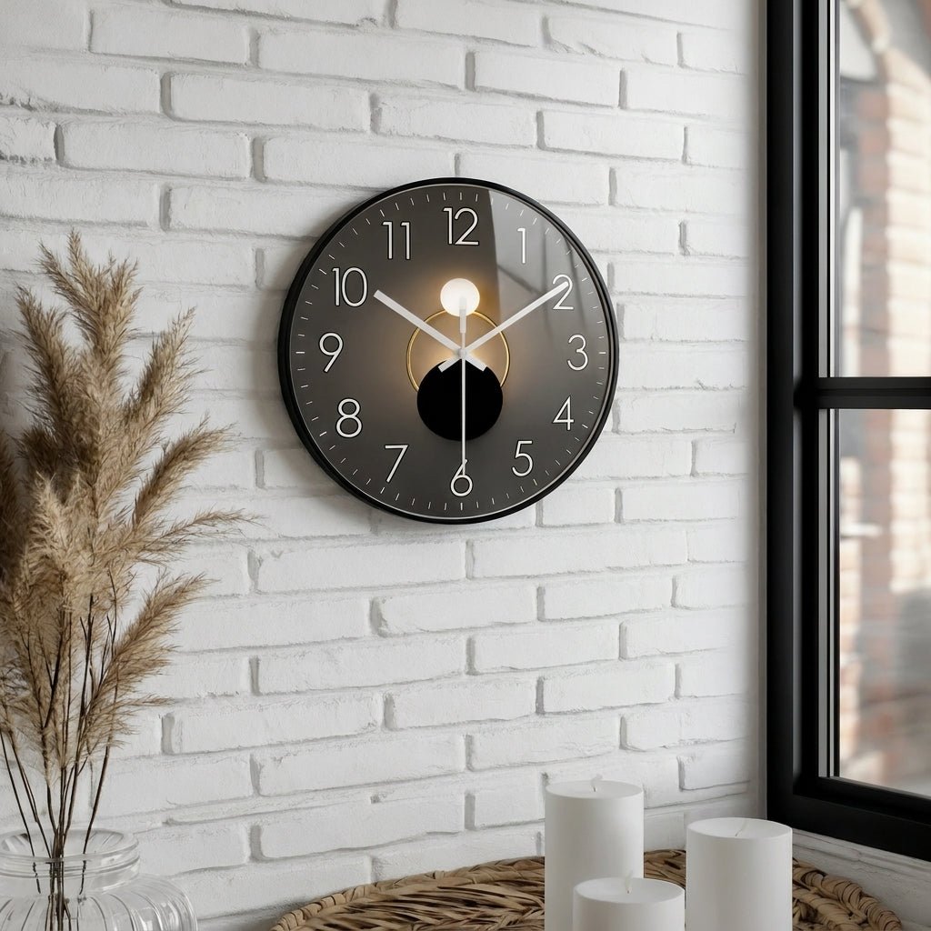 Runde Wanduhr mit dunklem Zifferblatt und 3D-Detail