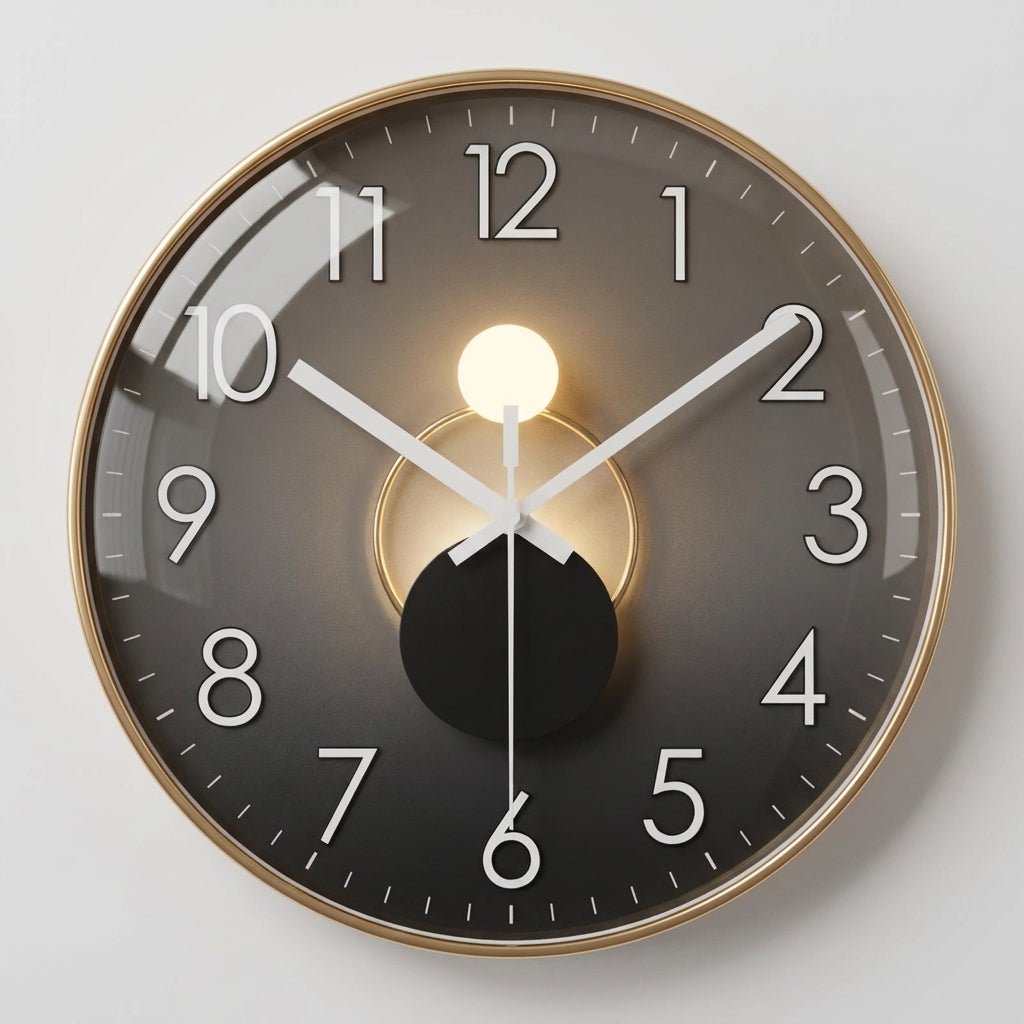 Runde Wanduhr mit dunklem Zifferblatt und 3D-Detail