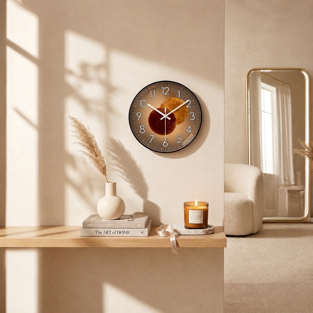 Runde Wanduhr mit dunklem Zifferblatt und 3D-Detail