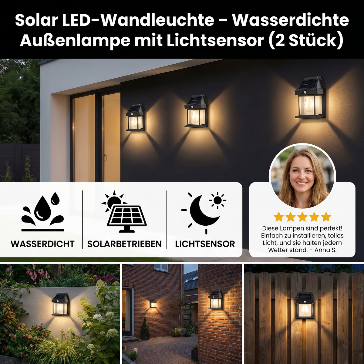 Solar LED-Wandleuchte mit Bewegungssensor für Garten und Zaun
