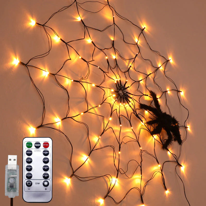 Spinnennetz Lichterkette mit LED & Fernbedienung – Halloween Deko Innen & Außen