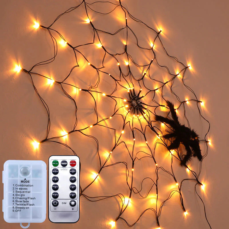 Spinnennetz Lichterkette mit LED & Fernbedienung – Halloween Deko Innen & Außen