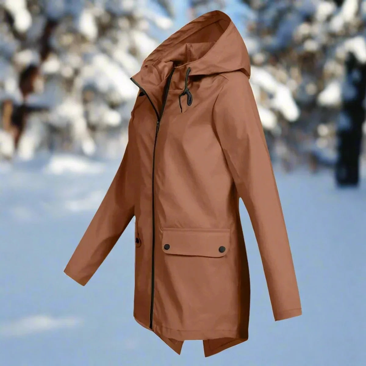 Wasserdichte Damen Regenjacke mit Kapuze – Longline Reißverschluss