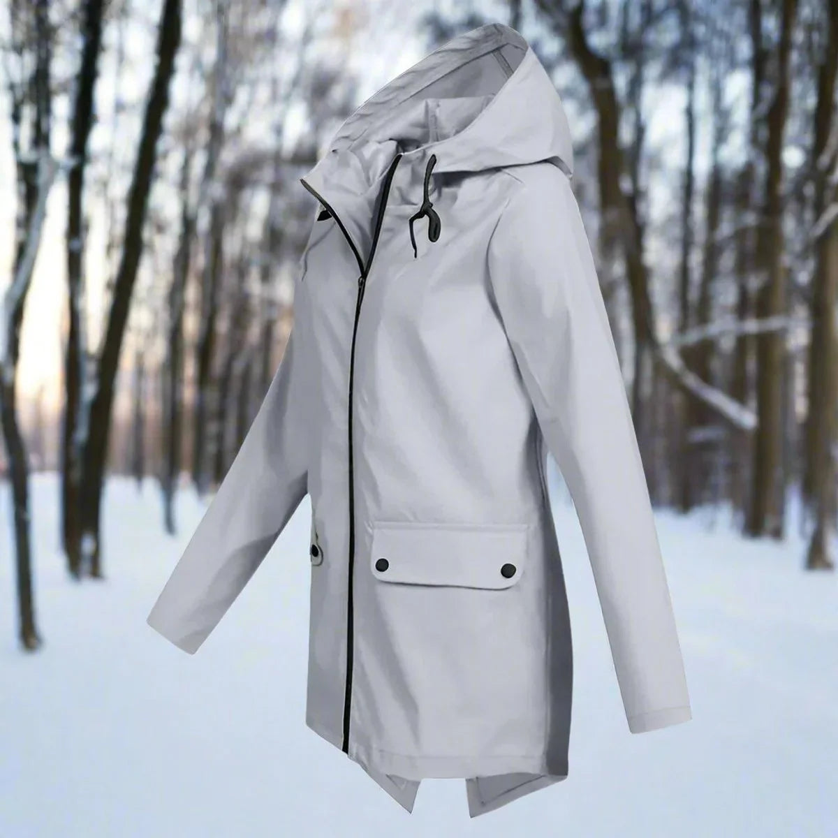 Wasserdichte Damen Regenjacke mit Kapuze – Longline Reißverschluss