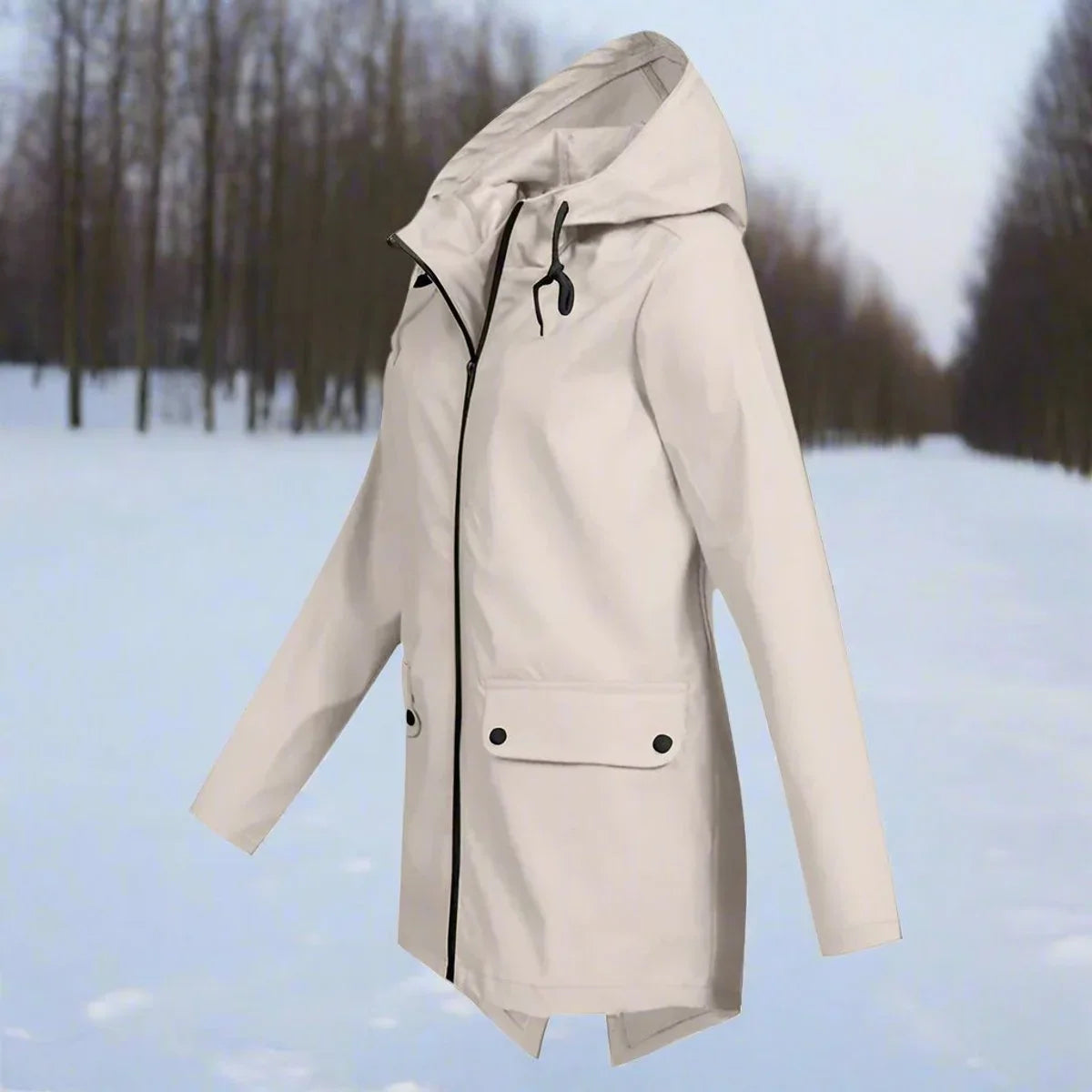 Wasserdichte Damen Regenjacke mit Kapuze – Longline Reißverschluss