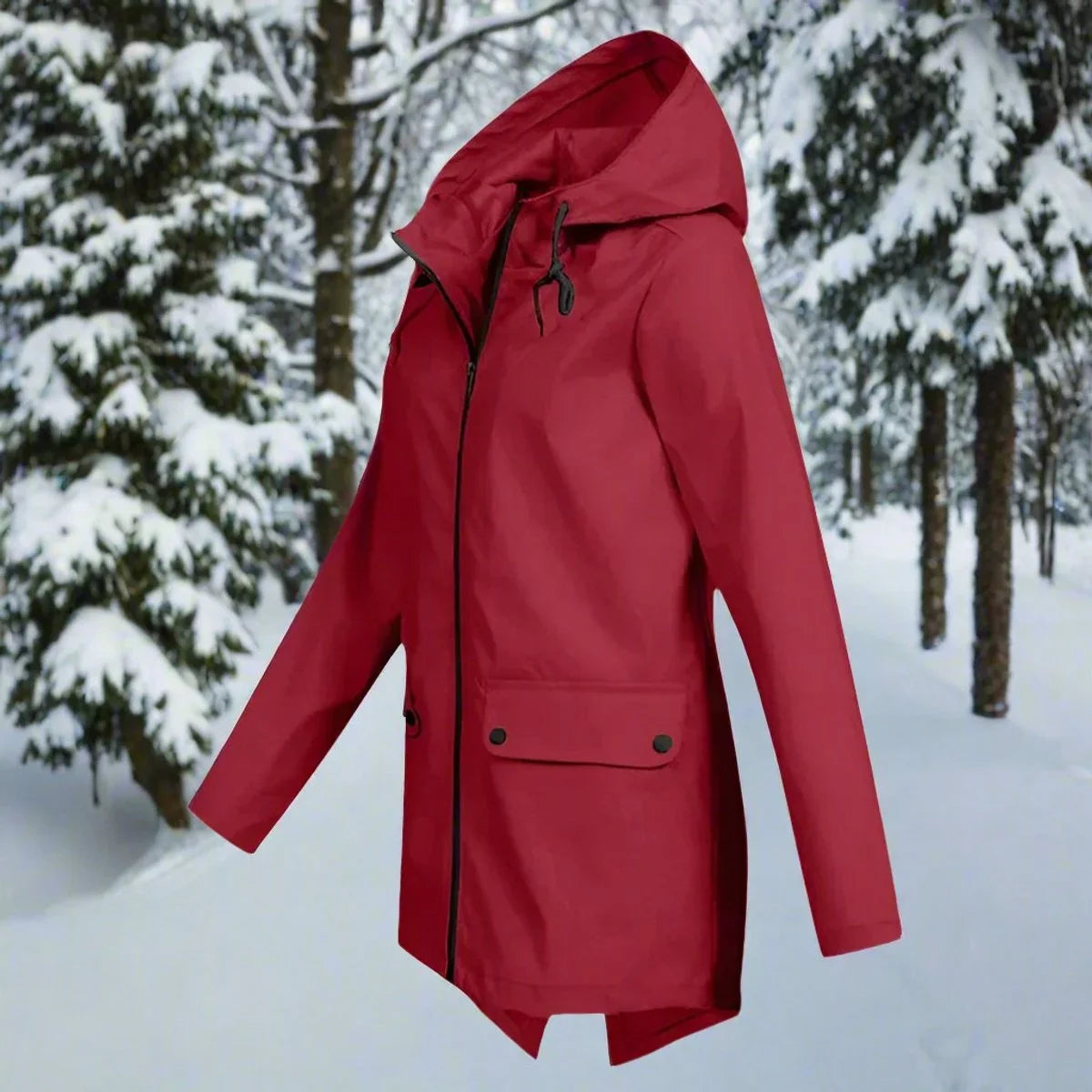 Wasserdichte Damen Regenjacke mit Kapuze – Longline Reißverschluss