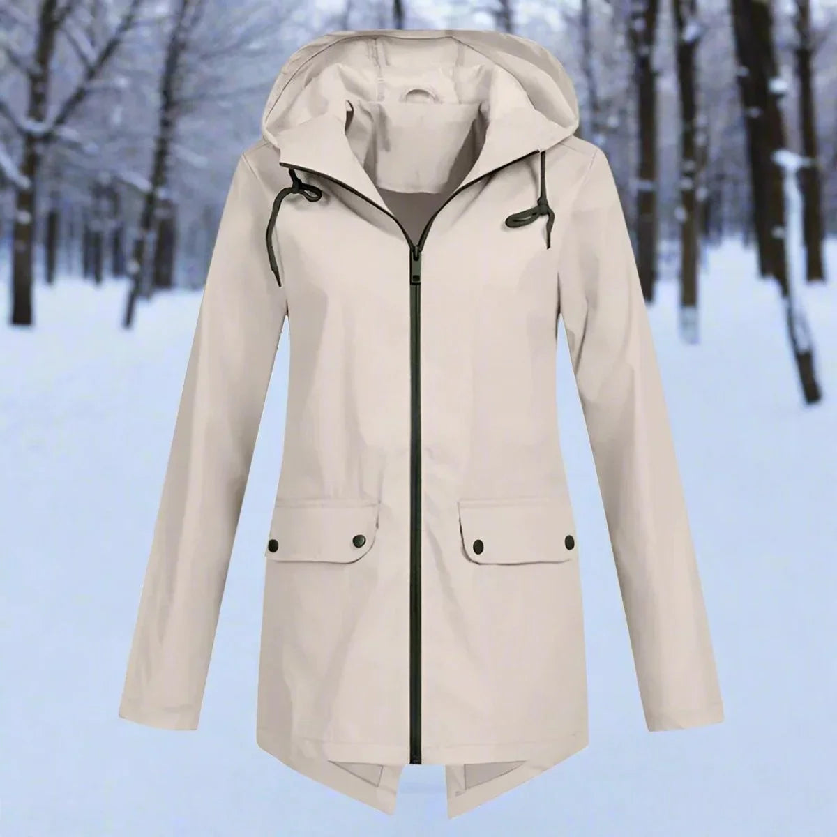 Wasserdichte Damen Regenjacke mit Kapuze – Longline Reißverschluss
