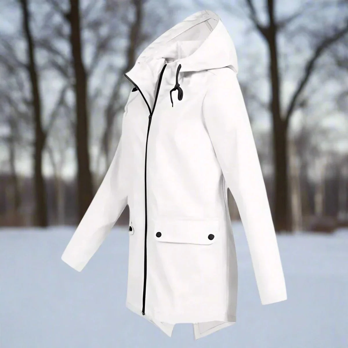 Wasserdichte Damen Regenjacke mit Kapuze – Longline Reißverschluss